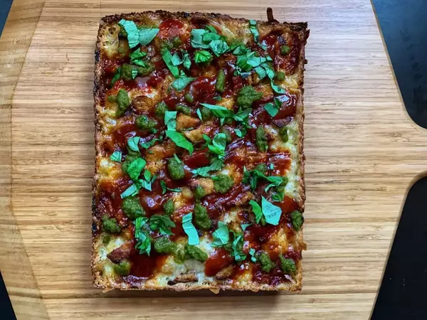 Vegan Hot BBQ Chicken Detroit Style Pizza